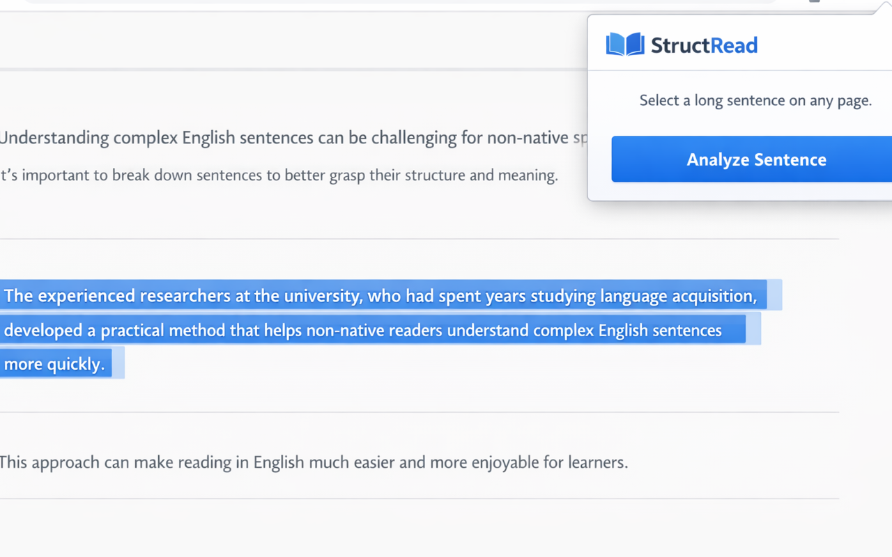 A long English sentence selected on a webpage before analysis.