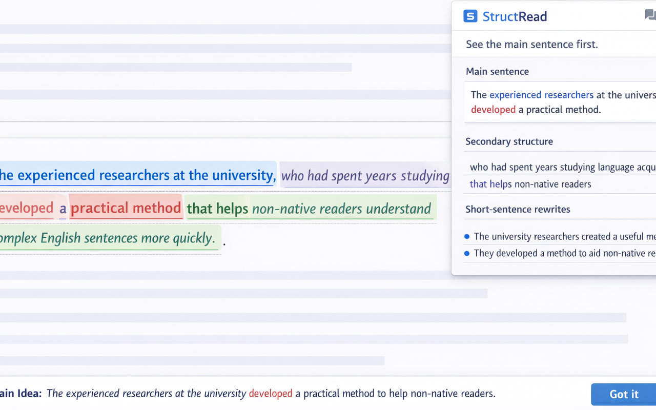 StructRead highlighting the main sentence and structure on a web page.