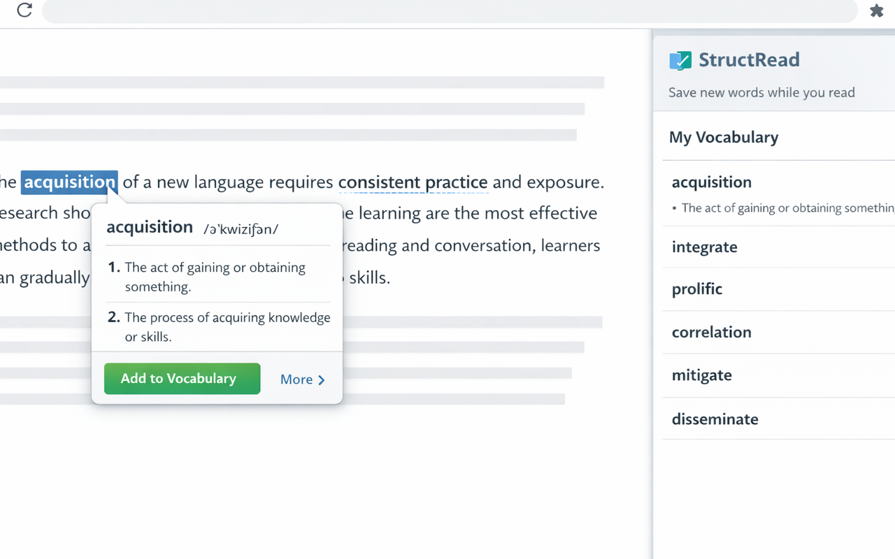 Word lookup and vocabulary saving in StructRead.