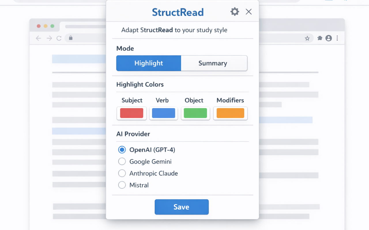 StructRead settings for highlight colors and AI providers.